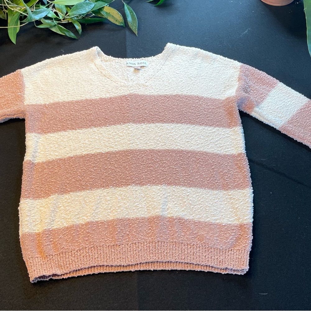 V-neck sweater, great shape hardly worn, kind of a dusty rose and beige stripe